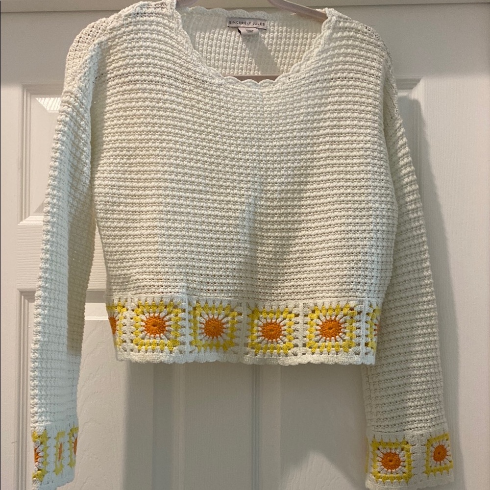 Sincerely Jules White Crochet Sweater with Sunflower Details